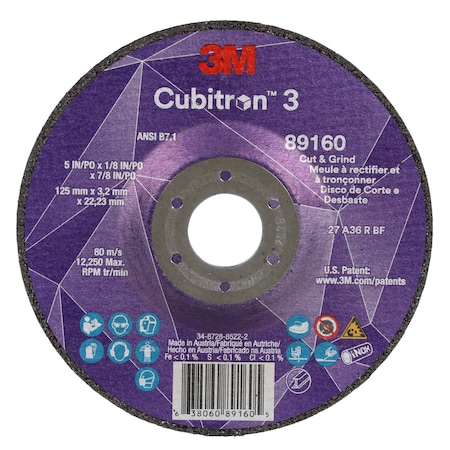 3M Cubitron Cut-Off and Grinding Wheel, Type 27, 5 in Dia, 0.125 in Thick, 7/8 in Arbor Hole Size, Ceramic 89160
