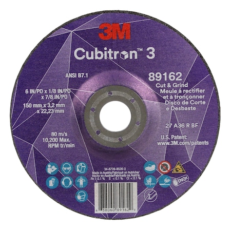 3M Cubitron Cut-Off and Grinding Wheel, Type 27, 6 in Dia, 0.125 in Thick, 7/8 in Arbor Hole Size, Ceramic 89162