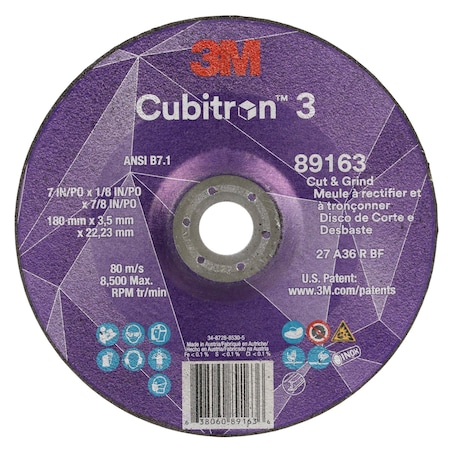 3M Cubitron Cut-Off and Grinding Wheel, Type 27, 7 in Dia, 0.125 in Thick, 7/8 in Arbor Hole Size, Ceramic 89163