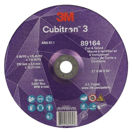 3M Cubitron Cut-Off and Grinding Wheel, Type 27, 9 in Dia, 0.125 in Thick, 7/8 in Arbor Hole Size, Ceramic 89164