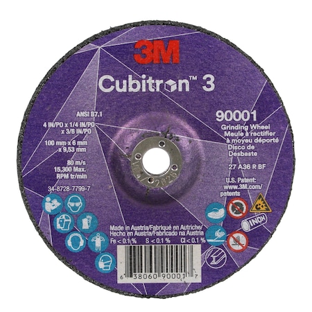 3M Cubitron Depressed Center Grinding Wheel, Type 27, 4 in Dia, 0.25 in Thick, 3/8 in Arbor Hole Size, Ceramic 90001