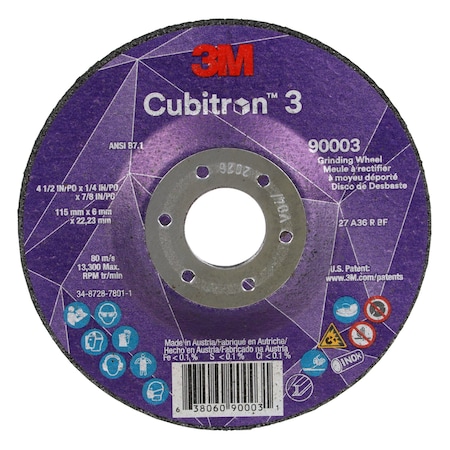 3M Cubitron Depressed Center Grinding Wheel, Type 27, 4 1/2 in Dia, 0.25 in Thick, 7/8 in Arbor Hole Size 90003