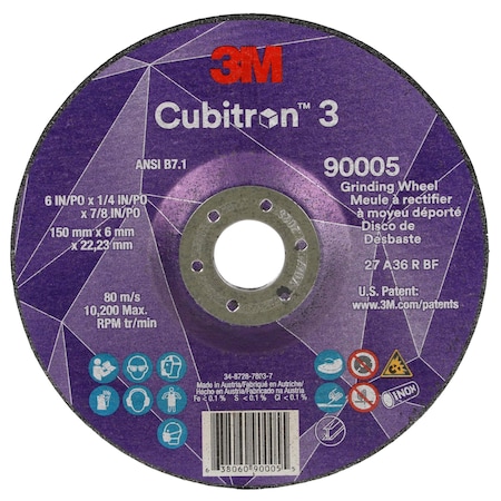 3M Cubitron Depressed Center Grinding Wheel, Type 27, 6 in Dia, 0.25 in Thick, 7/8 in Arbor Hole Size, Ceramic 90005