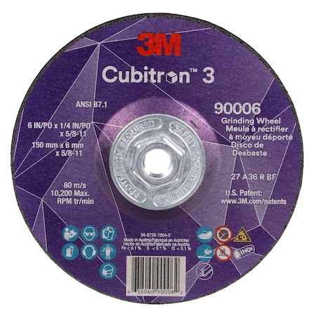 3M Cubitron Depressed Center Grinding Wheel, Type 27, 6 in Dia, 0.25 in Thick, 5/8"-11 Arbor Hole Size, Ceramic 90006