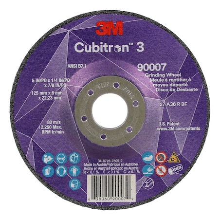 3M Cubitron Depressed Center Grinding Wheel, Type 27, 5 in Dia, 0.25 in Thick, 7/8 in Arbor Hole Size, Ceramic 90007