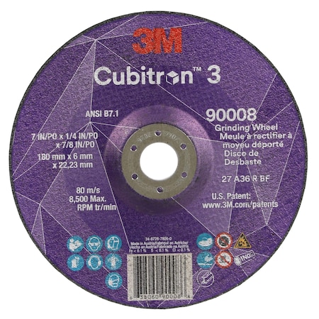 3M Cubitron Depressed Center Grinding Wheel, Type 27, 7 in Dia, 0.25 in Thick, 7/8 in Arbor Hole Size, Ceramic 90008