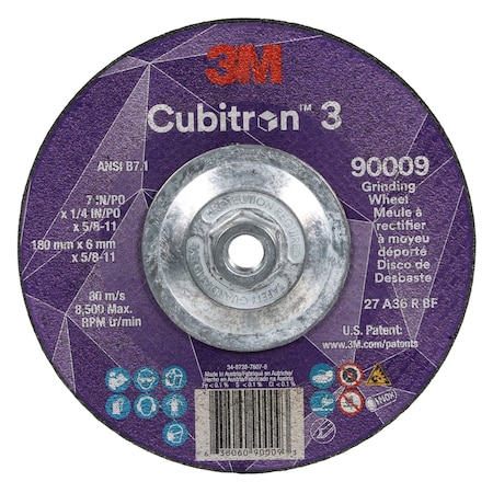 3M Cubitron Depressed Center Grinding Wheel, Type 27, 7 in Dia, 0.25 in Thick, 5/8"-11 Arbor Hole Size, Ceramic 90009