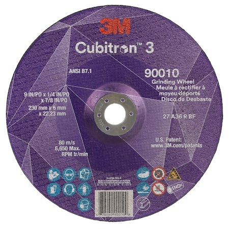 3M Cubitron Depressed Center Grinding Wheel, Type 27, 9 in Dia, 0.25 in Thick, 7/8 in Arbor Hole Size, Ceramic 90010