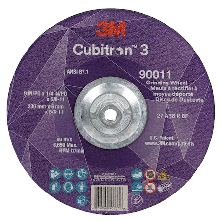 3M Cubitron Depressed Center Grinding Wheel, Type 27, 9 in Dia, 0.25 in Thick, 5/8"-11 Arbor Hole Size, Ceramic 90011