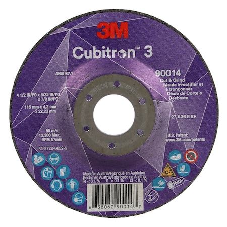 3M Cubitron Cut-Off and Grinding Wheel, Type 27, 4 1/2 in Dia, 0.156 in Thick, 7/8 in Arbor Hole Size, Ceramic 90014