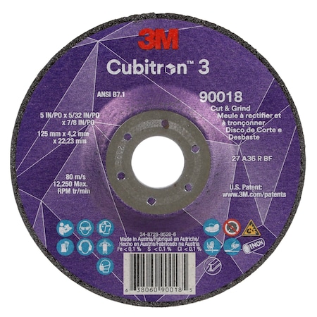 3M Cubitron Cut-Off and Grinding Wheel, Type 27, 5 in Dia, 0.156 in Thick, 7/8 in Arbor Hole Size, Ceramic 90018