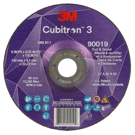 3M Cubitron Cut-Off and Grinding Wheel, Type 27, 6 in Dia, 0.156 in Thick, 7/8 in Arbor Hole Size, Ceramic 90019