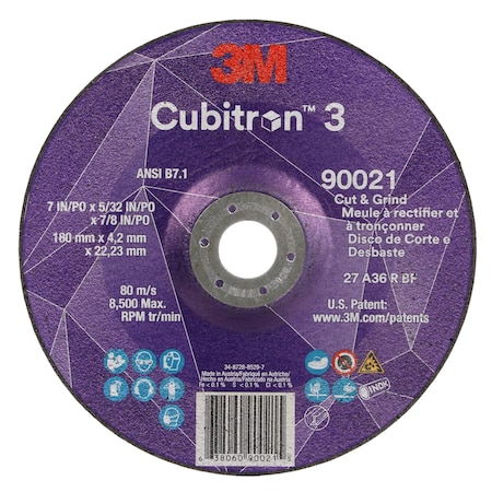 3M Cubitron Cut-Off and Grinding Wheel, Type 27, 7 in Dia, 0.156 in Thick, 7/8 in Arbor Hole Size, Ceramic 90021