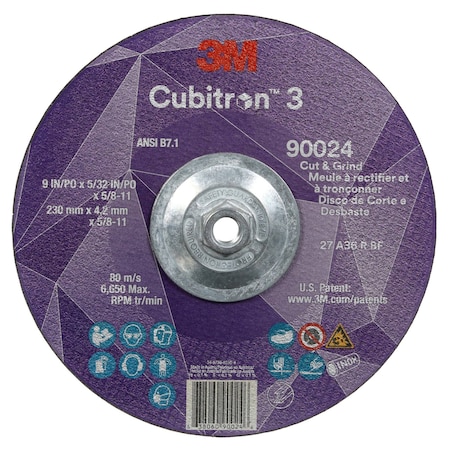 3M Cubitron Cut-Off and Grinding Wheel, Type 27, 9 in Dia, 0.156 in Thick, 5/8"-11 Arbor Hole Size, Ceramic 90024