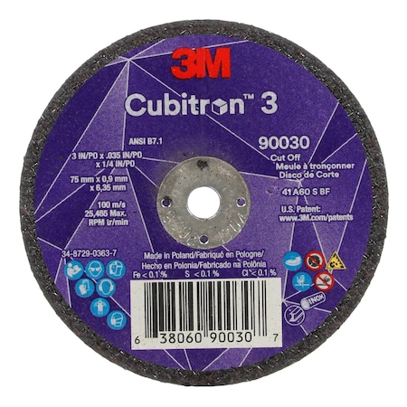 3M Cubitron Abrasive Cut-Off Wheel, Type 1, 3 in Dia, 0.035 in Thick, 1/4 in Arbor Hole Size, Ceramic, 60 Grit 90030