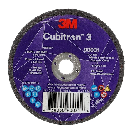 3M Cubitron Abrasive Cut-Off Wheel, Type 1, 3 in Dia, 0.035 in Thick, 3/8 in Arbor Hole Size, Ceramic, 60 Grit 90031