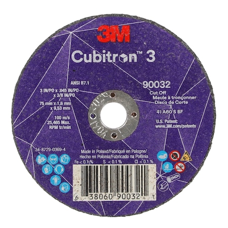3M Cubitron Abrasive Cut-Off Wheel, Type 1, 3 in Dia, 0.045 in Thick, 3/8 in Arbor Hole Size, Ceramic, 60 Grit 90032