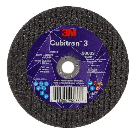 3M Cubitron Abrasive Cut-Off Wheel, Type 1, 4 in Dia, 0.035 in Thick, 3/8 in Arbor Hole Size, Ceramic, 60 Grit 90033