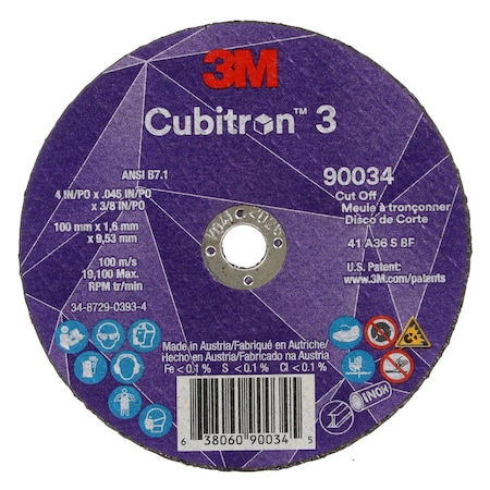 3M Cubitron Abrasive Cut-Off Wheel, Type 1, 4 in Dia, 0.045 in Thick, 3/8 in Arbor Hole Size, Ceramic, 36 Grit 90034