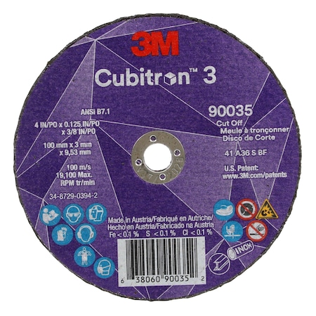3M Cubitron Abrasive Cut-Off Wheel, Type 1, 4 in Dia, 0.125 in Thick, 3/8 in Arbor Hole Size, Ceramic, 36 Grit 90035
