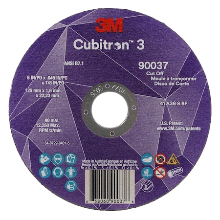 3M Cubitron Abrasive Cut-Off Wheel, Type 1, 5 in Dia, 0.045 in Thick, 7/8 in Arbor Hole Size, Ceramic, 36 Grit 90037