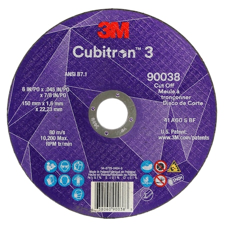 3M Cubitron Abrasive Cut-Off Wheel, Type 27, 6 in Dia, 0.045 in Thick, 7/8 in Arbor Hole Size, Ceramic, 60 Grit 90038