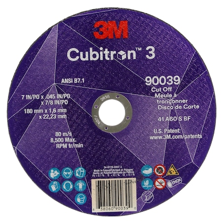 3M Cubitron Abrasive Cut-Off Wheel, Type 27, 7 in Dia, 0.09 in Thick, 7/8 in Arbor Hole Size, Ceramic, 60 Grit 90039