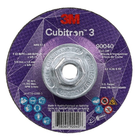 3M Cubitron Cut-Off Wheel, Type 27, 4 1/2 in Dia, 0.045 in Thick, 5/8"-11 Arbor Hole Size, Ceramic, 36 Grit 90040