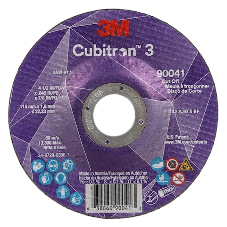 3M Cubitron Cut-Off Wheel, Type 27, 4 1/2 in Dia, 0.045 in Thick, 7/8 in Arbor Hole Size, Ceramic, 36 Grit 90041