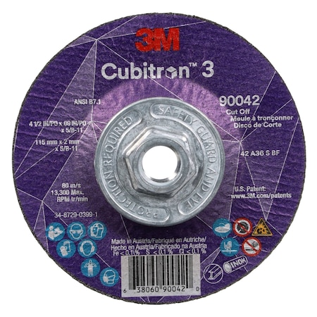 3M Cubitron Cut-Off Wheel, Type 27, 4 1/2 in Dia, 0.09 in Thick, 5/8"-11 Arbor Hole Size, Ceramic, 36 Grit 90042