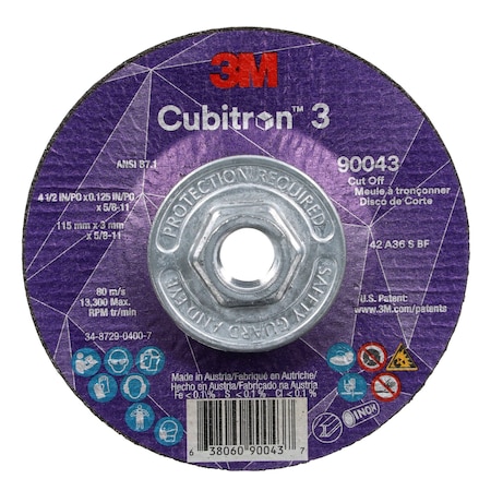 3M Cubitron Cut-Off Wheel, Type 27, 4 1/2 in Dia, 0.125 in Thick, 5/8"-11 Arbor Hole Size, Ceramic, 36 Grit 90043