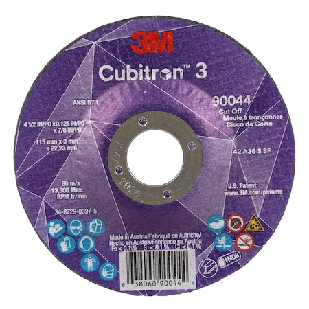 3M Cubitron Abrasive Cut-Off Wheel, Type 27, 4 1/2 in Dia, 0.125 in Thick, 7/8 in Arbor Hole Size, Ceramic 90044