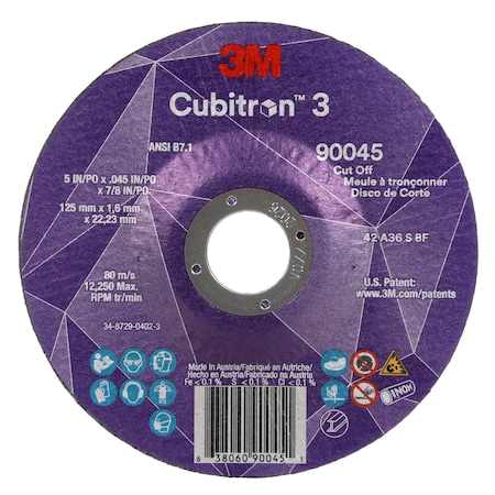 3M Cubitron Cut-Off Wheel, Type 27, 5 in Dia, 0.045 in Thick, 7/8 in Arbor Hole Size, Ceramic, 36 Grit 90045