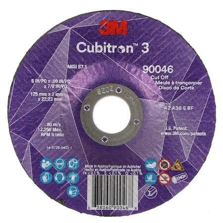 3M Cubitron Cut-Off Wheel, Type 27, 5 in Dia, 0.09 in Thick, 7/8 in Arbor Hole Size, Ceramic, 36 Grit 90046