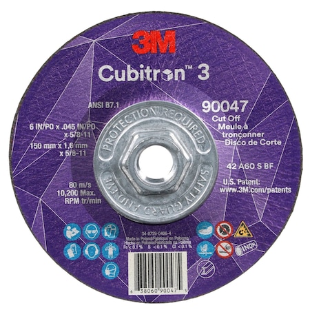 3M Cubitron Cut-Off Wheel, Type 27, 6 in Dia, 0.045 in Thick, 5/8"-11 Arbor Hole Size, Ceramic, 60 Grit 90047