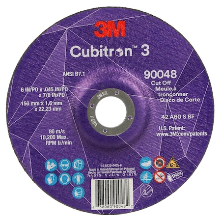 3M Cubitron Cut-Off Wheel, Type 27, 6 in Dia, 0.045 in Thick, 7/8 in Arbor Hole Size, Ceramic, 60 Grit 90048