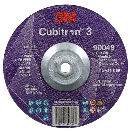 3M Cubitron Cut-Off Wheel, Type 27, 7 in Dia, 0.09 in Thick, 5/8"-11 Arbor Hole Size, Ceramic, 36 Grit 90049