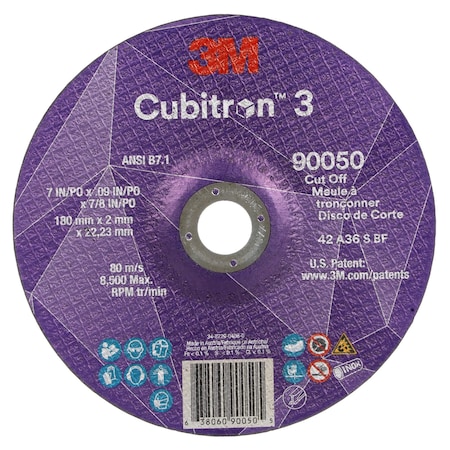 3M Cubitron Cut-Off Wheel, Type 27, 7 in Dia, 0.09 in Thick, 7/8 in Arbor Hole Size, Ceramic, 36 Grit 90050