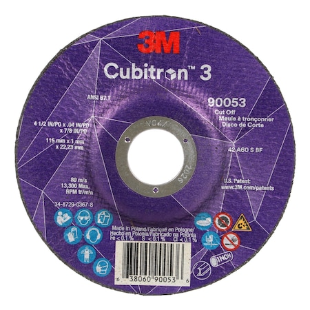 3M Cubitron Cut-Off Wheel, Type 27, 4 1/2 in Dia, 0.04 in Thick, 7/8 in Arbor Hole Size, Ceramic, 60 Grit 90053