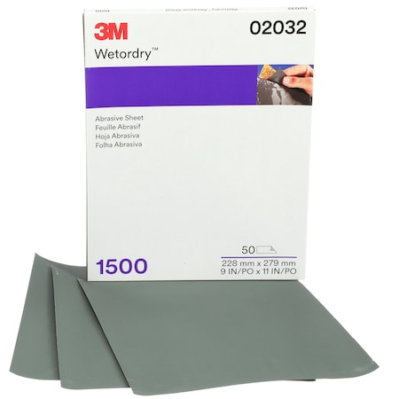 3M Wetordry Sheet, 02032, 9" x 11", 1500, PK50 02032