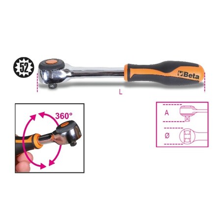 Beta 1/2" Male Square Drive, 281mm Reversible Ratchet, 1/2" Drive 009200926