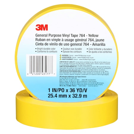 3M GenerlPurposeVnylTp764Yellow, 1n, PK36 43177