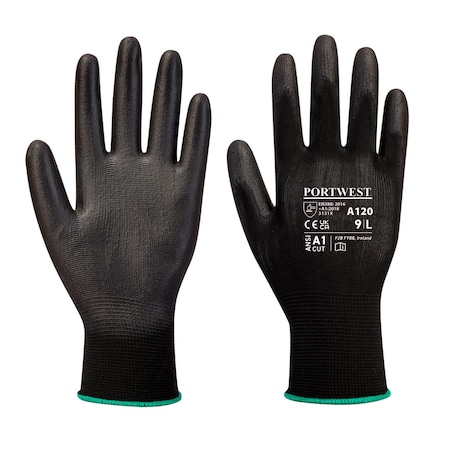 Portwest Coated Gloves, Polyurethane, Smooth, Palm, 3 Abrasion Level, Black, 3XL A120