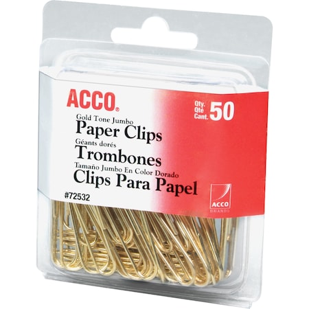 Acco Clip, Paper, Jumbo, Gold, PK50 72532