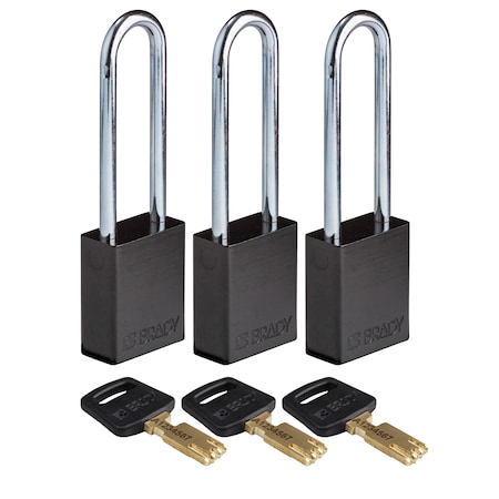 Brady Safekey Lockout Padlock Aluminum Black 3.0" ALU-BLK-76ST-KA3PK