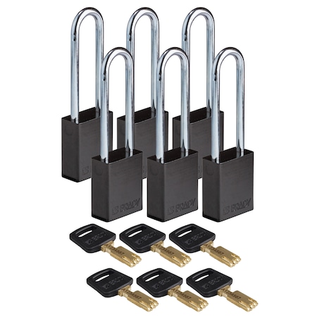 Brady Safekey Lockout Padlock Aluminum Black 3.0" ALU-BLK-76ST-KA6PK