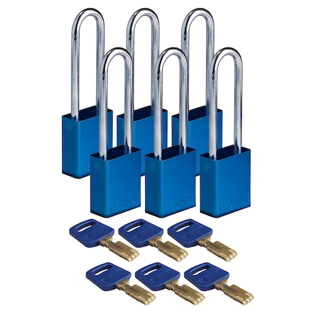 Brady Safekey Lockout Padlock Aluminum Blu 3.0" S, Keyed Different, Aluminum, Blue, 3 in Shackle Height ALU-BLU-76ST-KD6PK