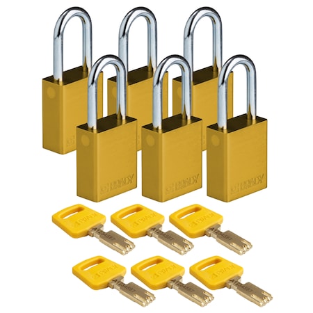 Brady Safekey Lockout Padlock Aluminum Ylw 1.5" S, Keyed Different, Aluminum, Yellow, 1-1/2 in Shackle Height ALU-YLW-38ST-KD6PK