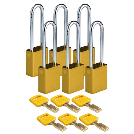 Brady Safekey Lockout Padlock Aluminum Yellow 3.0, Keyed Alike, Aluminum, Yellow, 3 in Shackle Height ALU-YLW-76ST-KA6PK