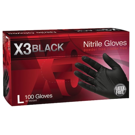 Ammex X3, Disposable Gloves, 3 mil Palm, Nitrile, Powder-Free, L, Black AMXBX346100